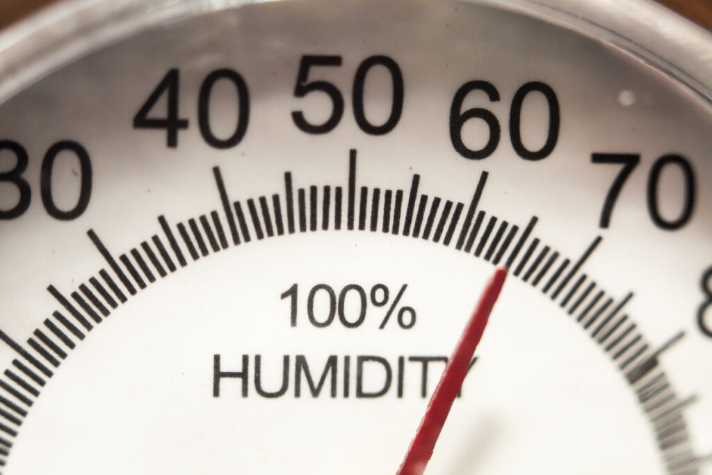 Hygrometer gauge showing indoor humidity level.