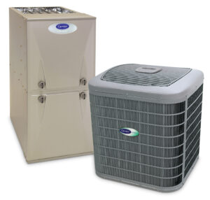 Close up of Carrier heat pump and furnace systems.