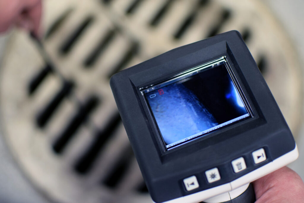 Using a sewer camera to see inside of a sewer line.